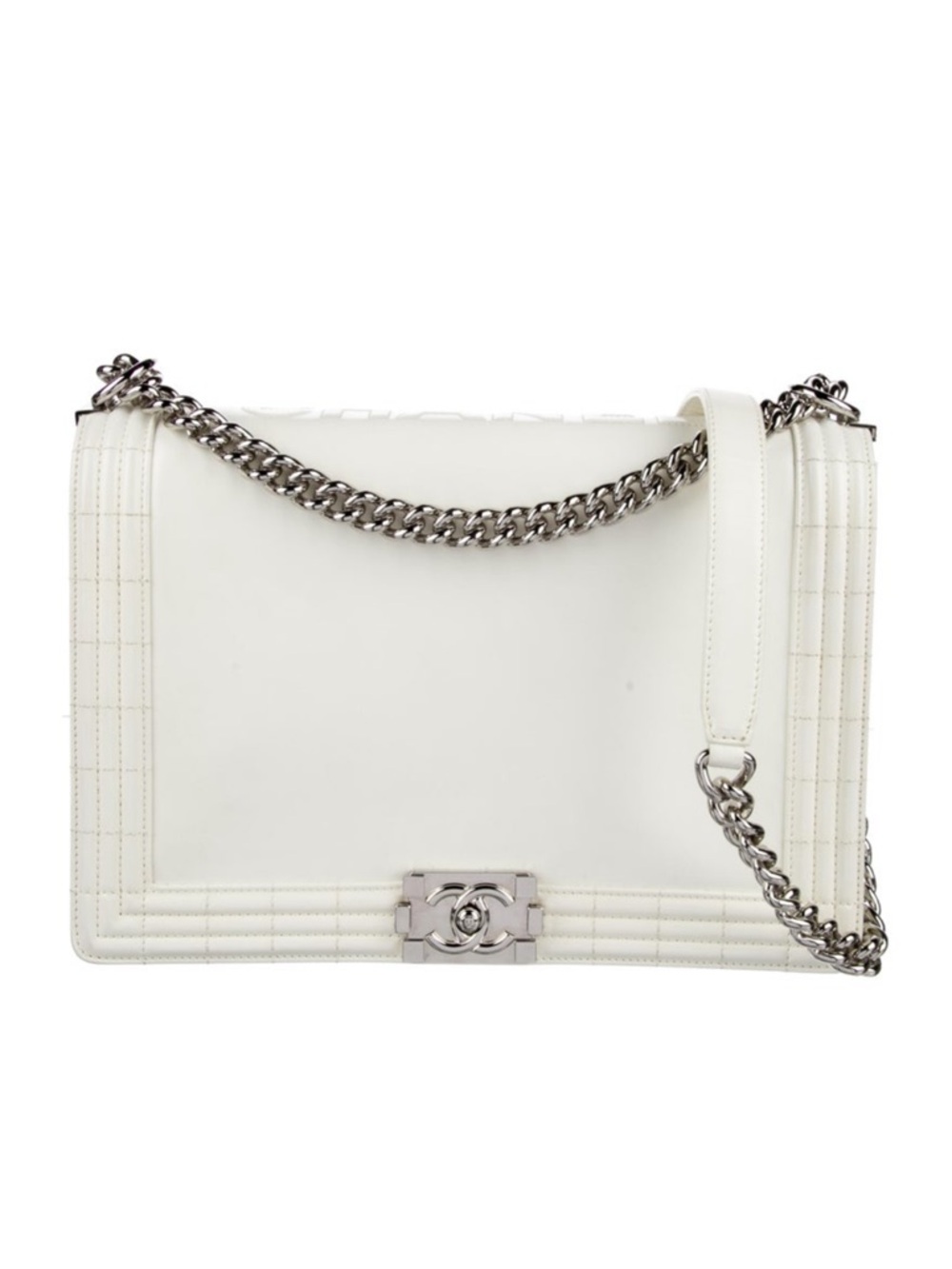 CHANEL White Leather Shoulder Bag with Silver Chain